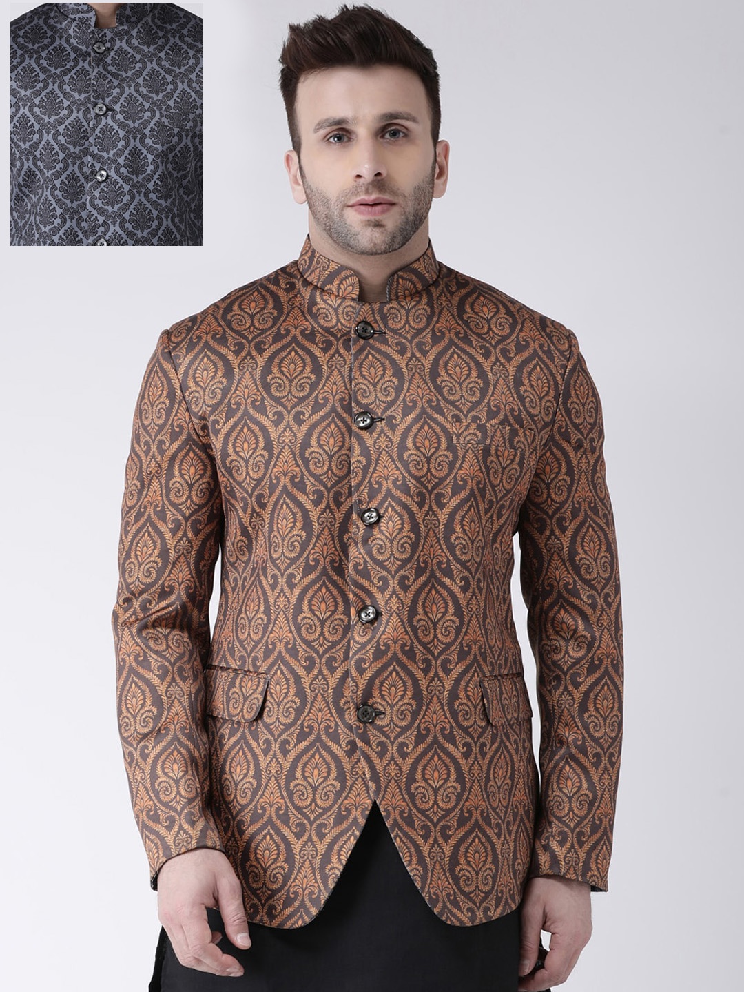 Hangup Men Black & Brown Printed Bandhgala Blazer