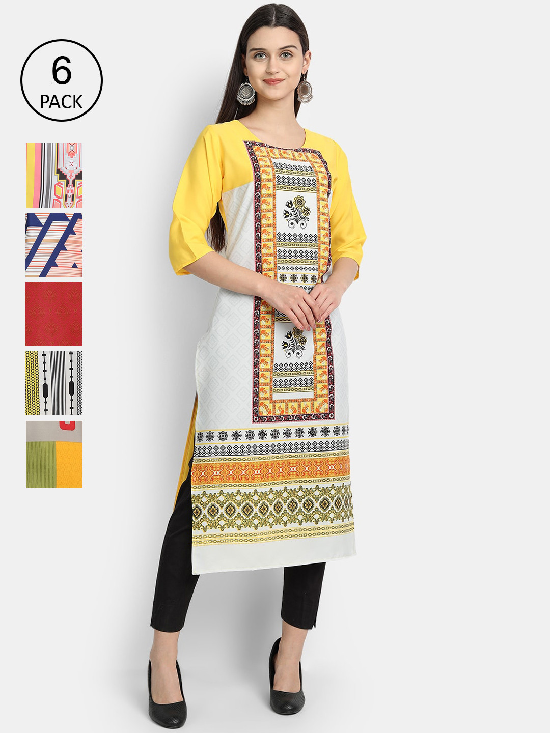 

Ethnic basket Women Pack of 6 Geometric Printed Crepe Kurta, Multi