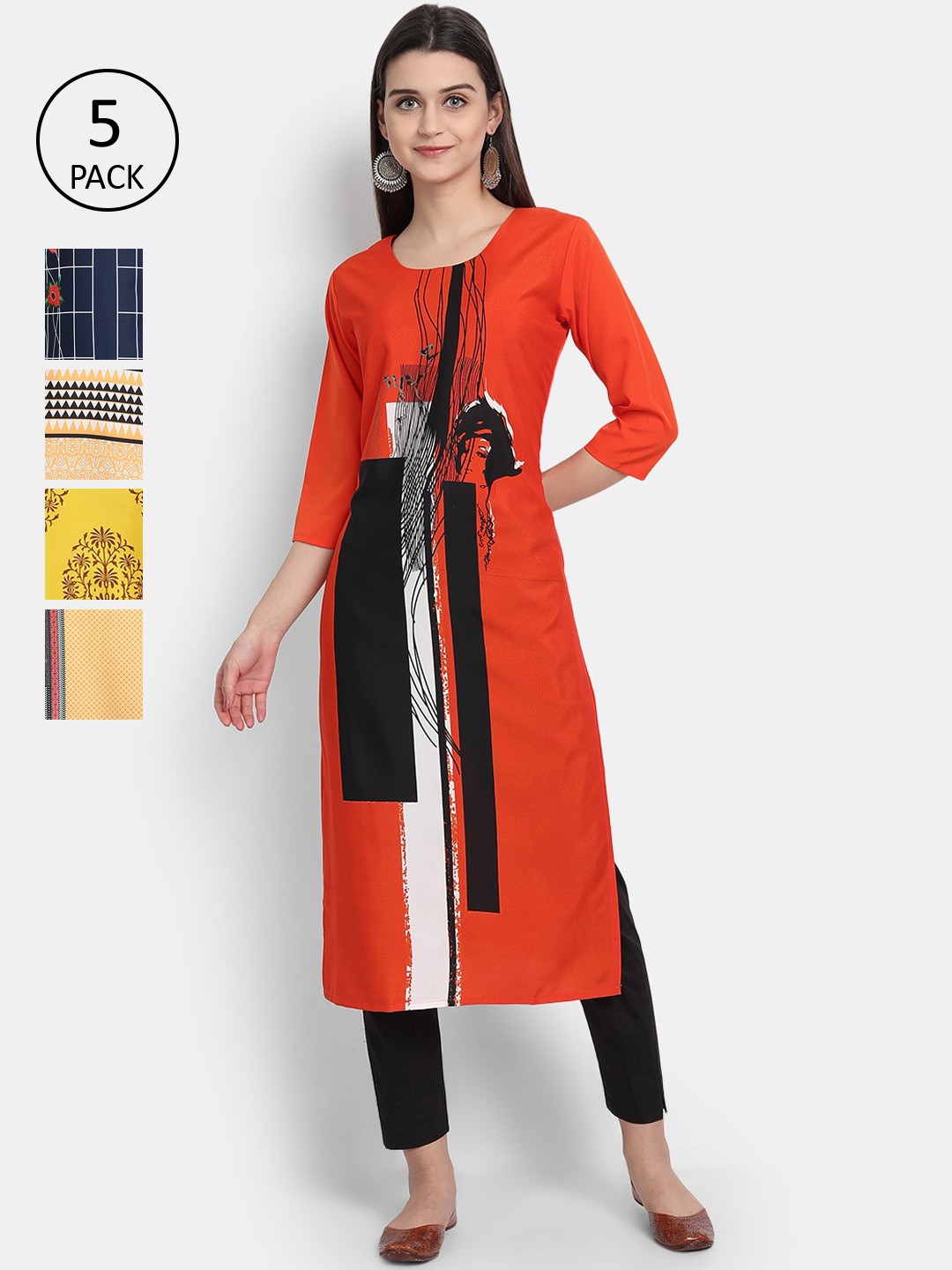

Ethnic basket Pack of 5 Women Multicoloured Ethnic Motifs Printed Crepe Kurta, Multi
