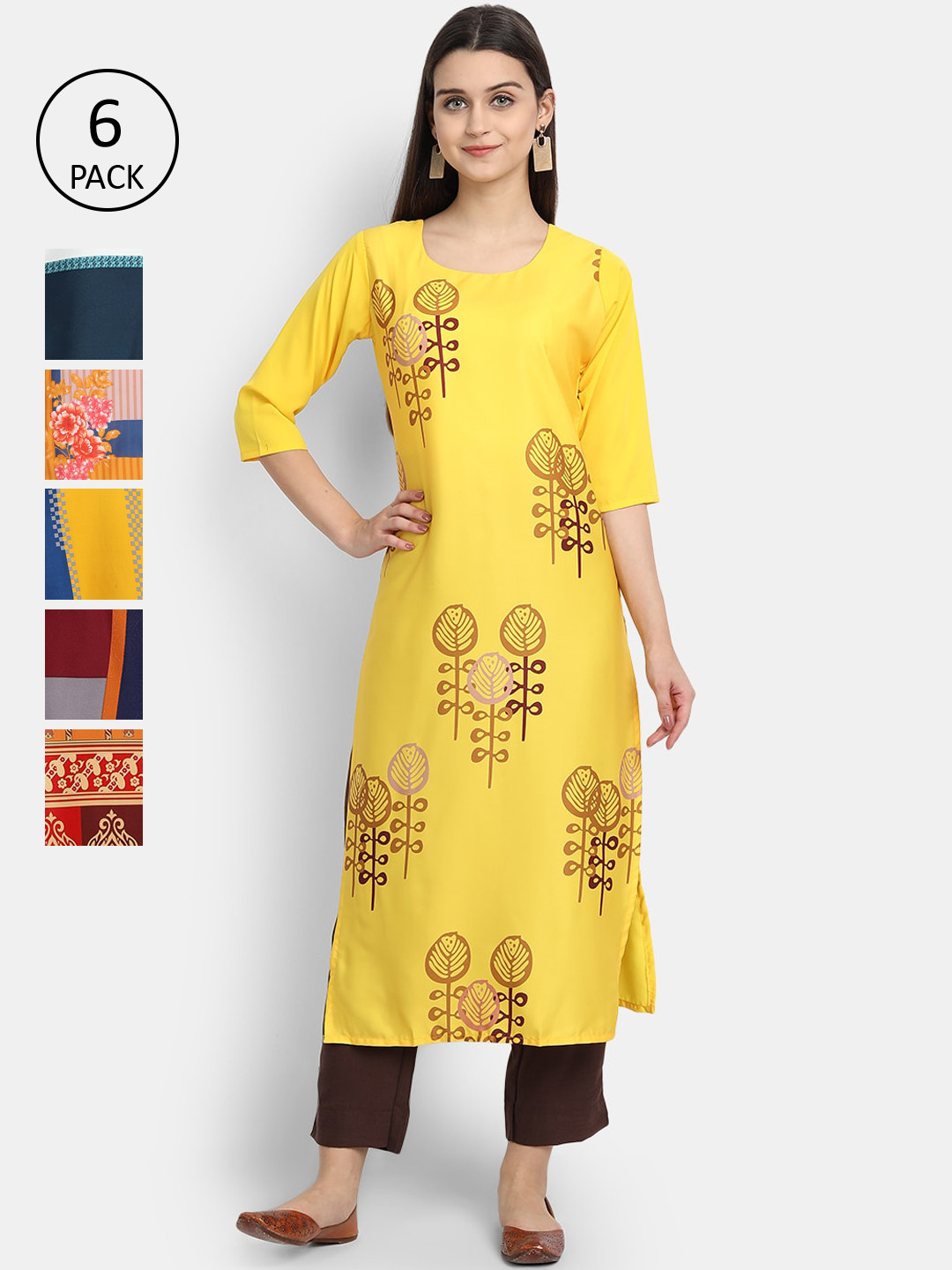 

Ethnic basket Women Pack Of 6 Ethnic Motifs Printed Crepe Kurta, Multi
