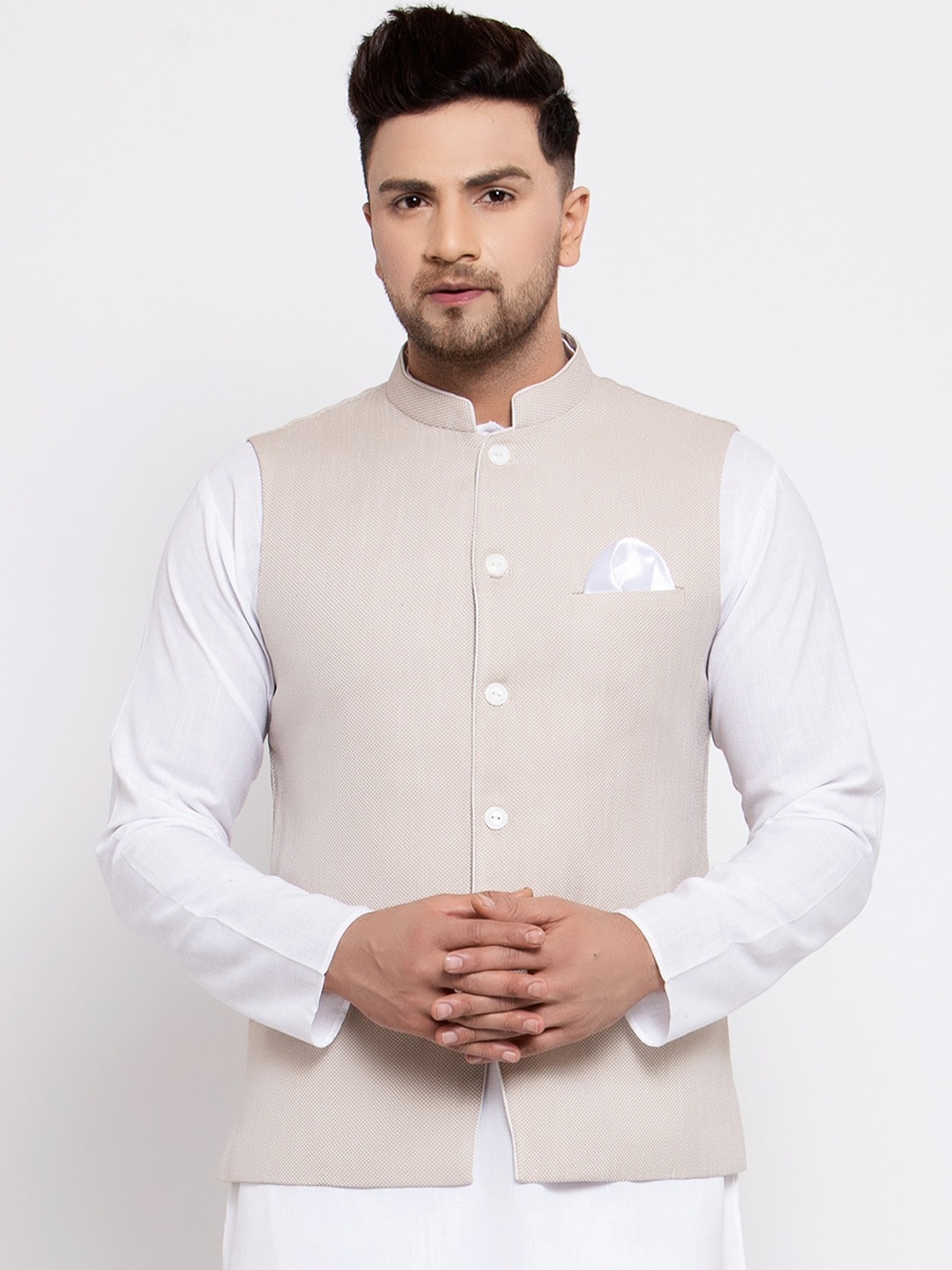 

MAXENCE Men Beige & Brown Printed Woven Slim-Fit Nehru Jacket