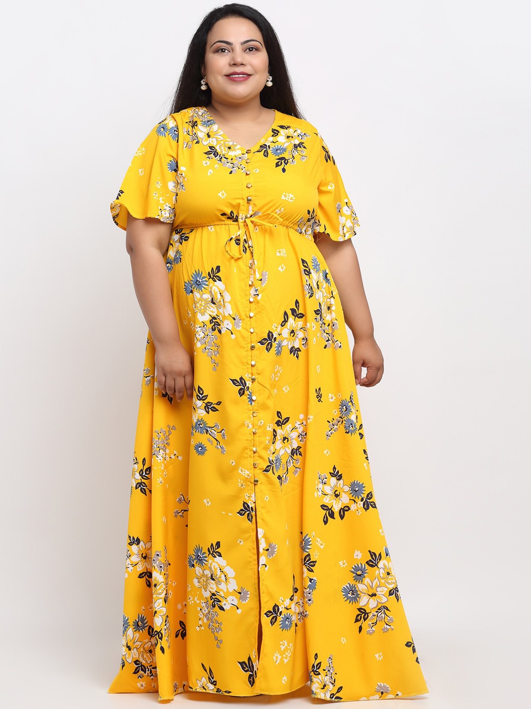

sindrellastorie Women Plus Size Yellow & White Floral Print Maxi Dress