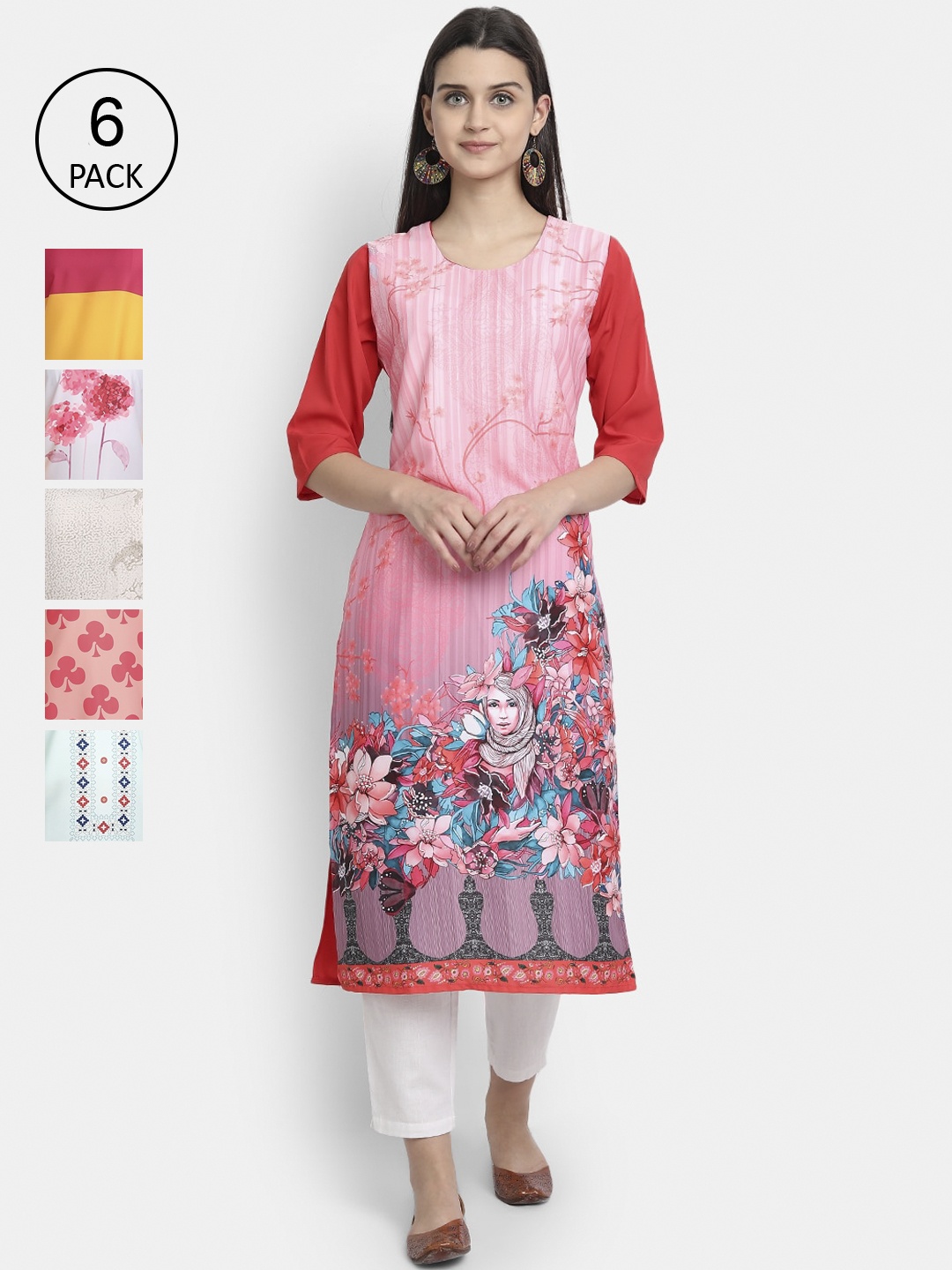 

Ethnic basket Women Pack Of 6 Multicoloured Floral Printed Crepe Kurtas, Multi