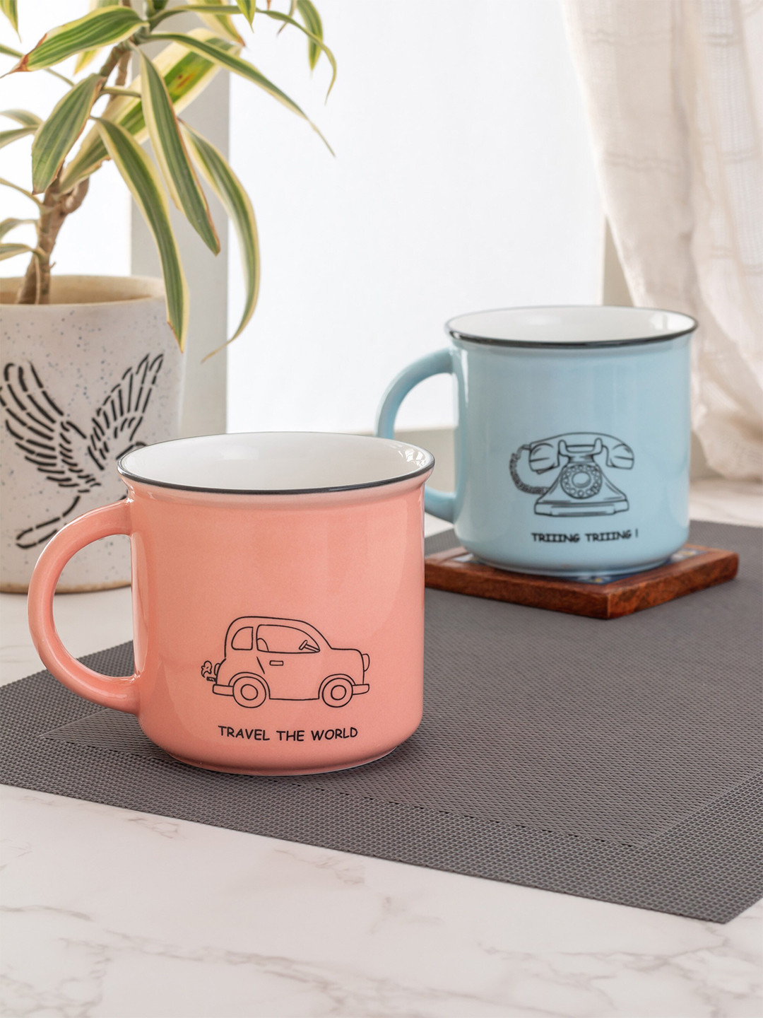 

JCPL Set Of 2 Peach-Coloured & BluePrinted Ceramic Milk Mugs 320ml