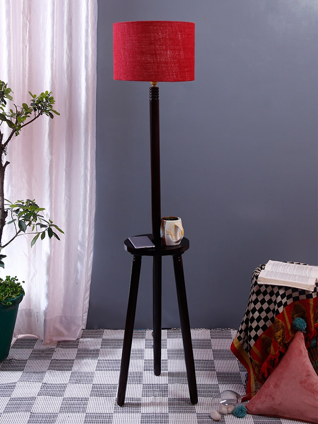 

Devansh Maroon Self Design Traditional Shelf Lamp with Shade