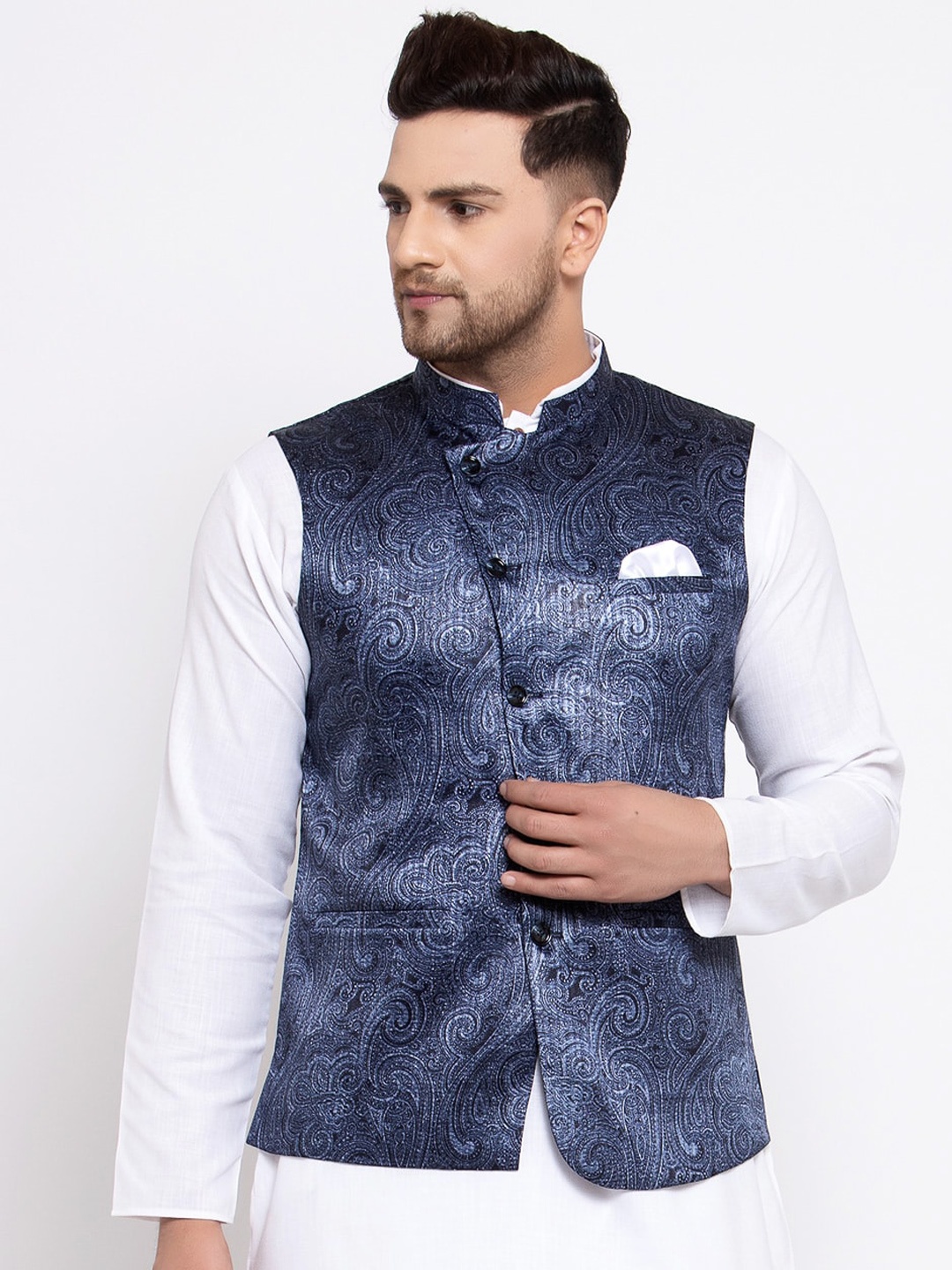 

MAXENCE Men Blue Printed Woven Slim-Fit Nehru Jacket