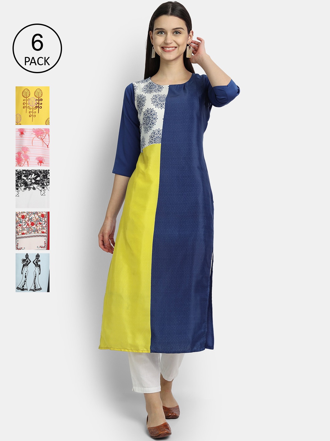 

Ethnic basket Women Pack Of 6 Printed Crepe Kurta, Blue