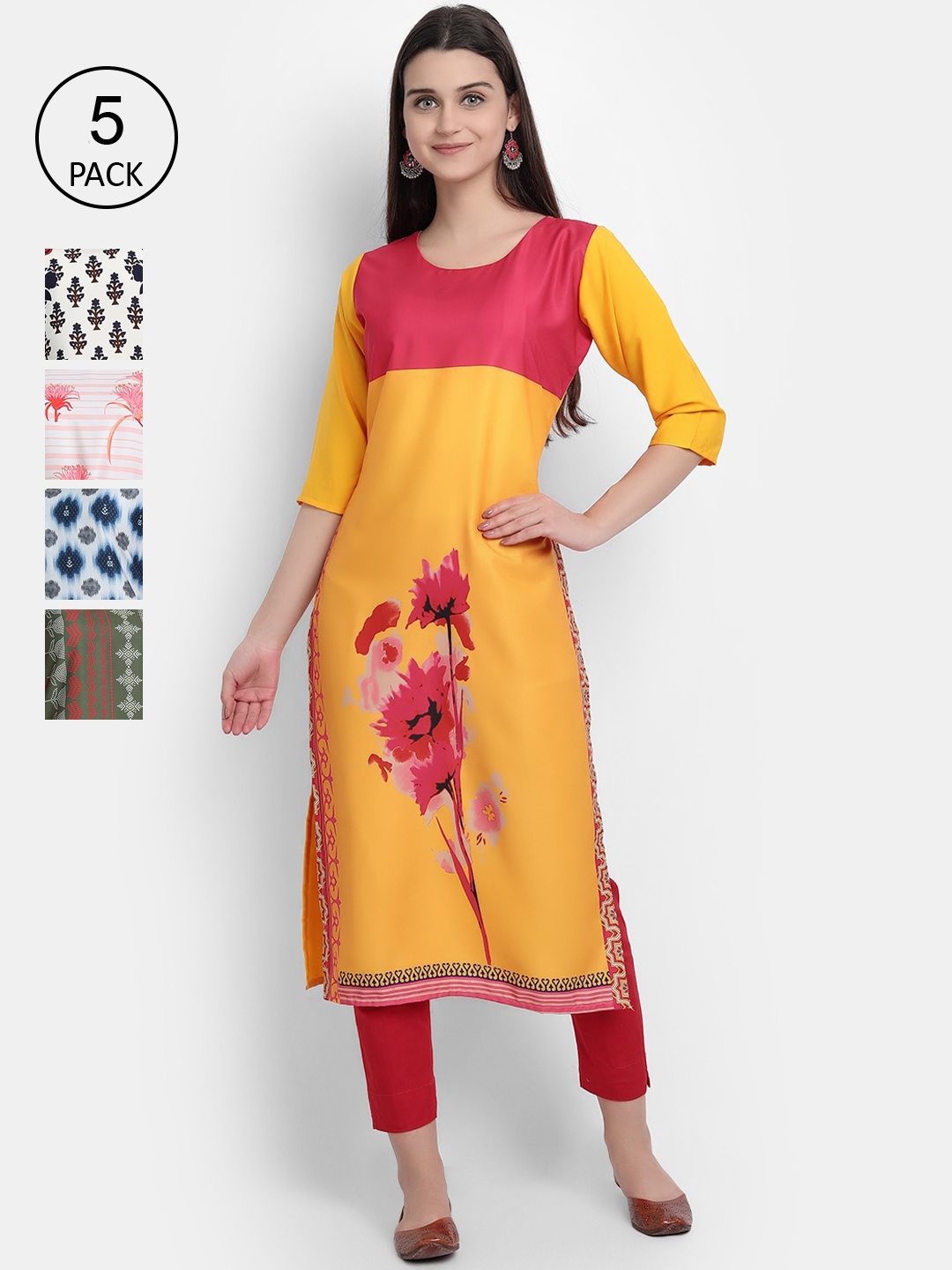

Ethnic basket Women Set of 5 Multicoloured Ethnic Motifs Printed Crepe Kurta, Multi