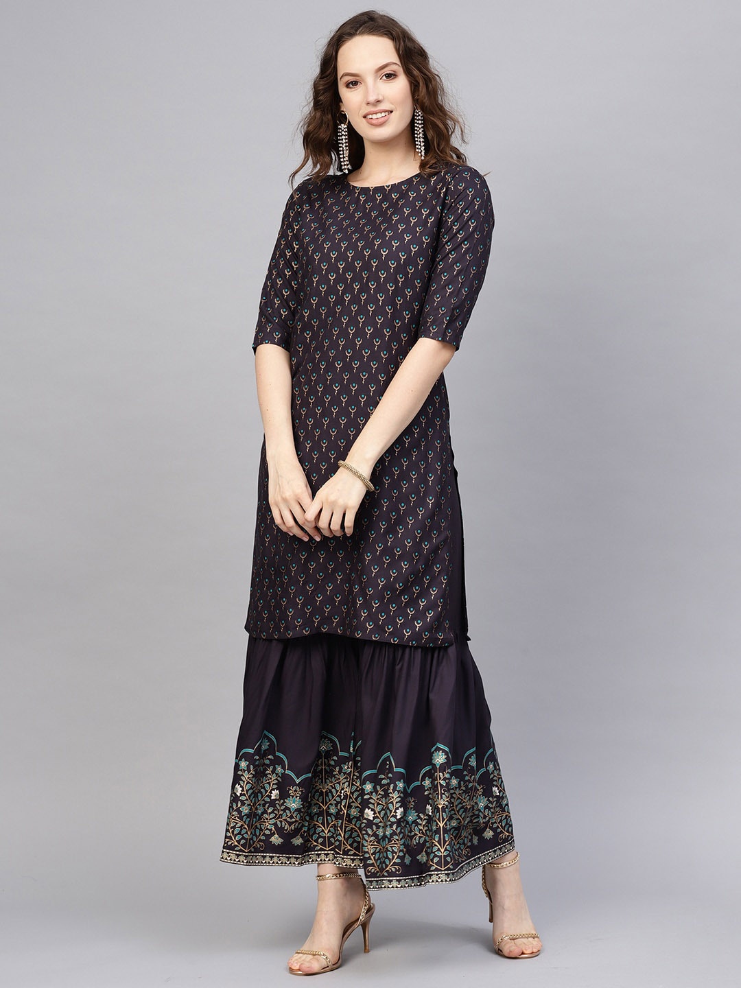 

Indo Era Women Navy Blue Ethnic Motifs Printed Regular Straight Kurta with Sharara