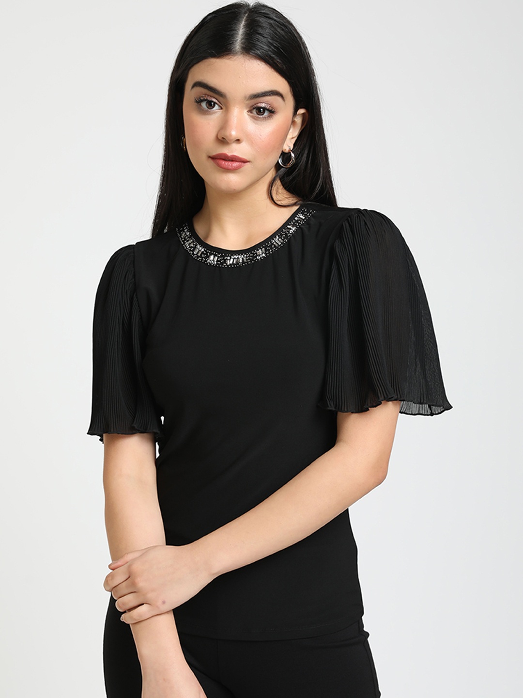 

Kazo Black Flared Sleeves Regular Top