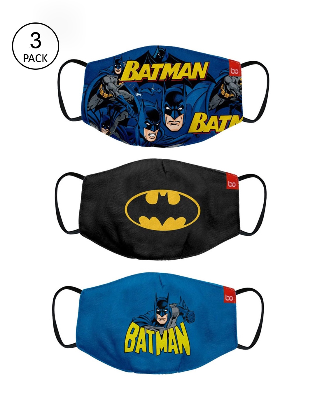 

BonOrganik Kids Pack Of 3 Batman Printed 2-Ply Cotton Reusable Cloth Masks, Blue