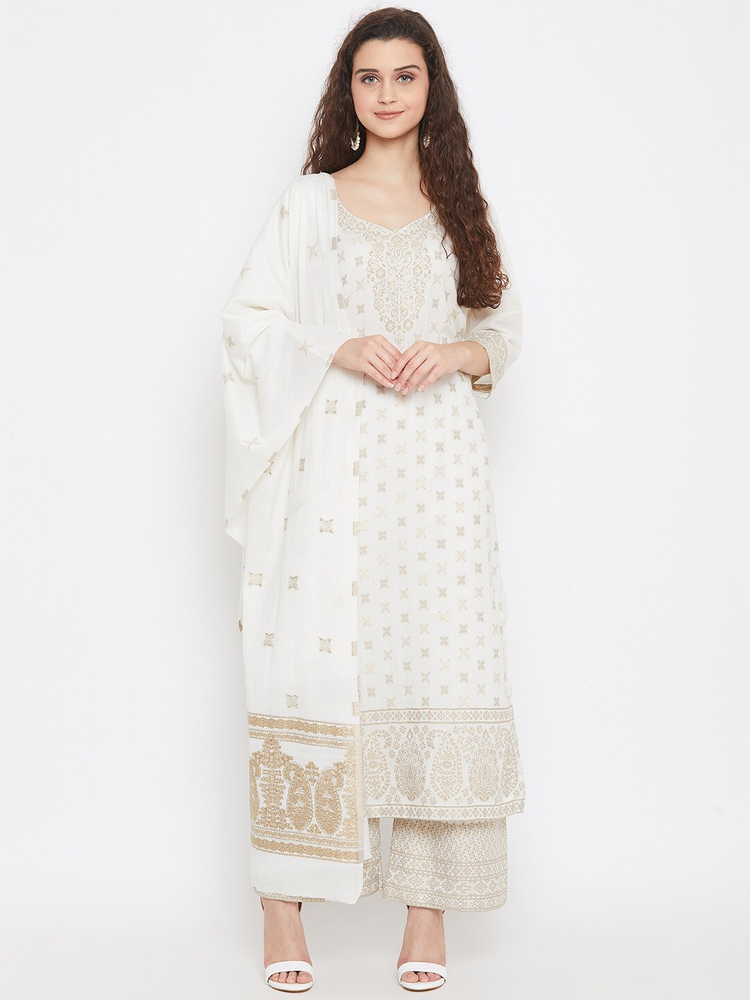 Safaa White & Beige Woven Design Pure Cotton Unstitched Dress Material