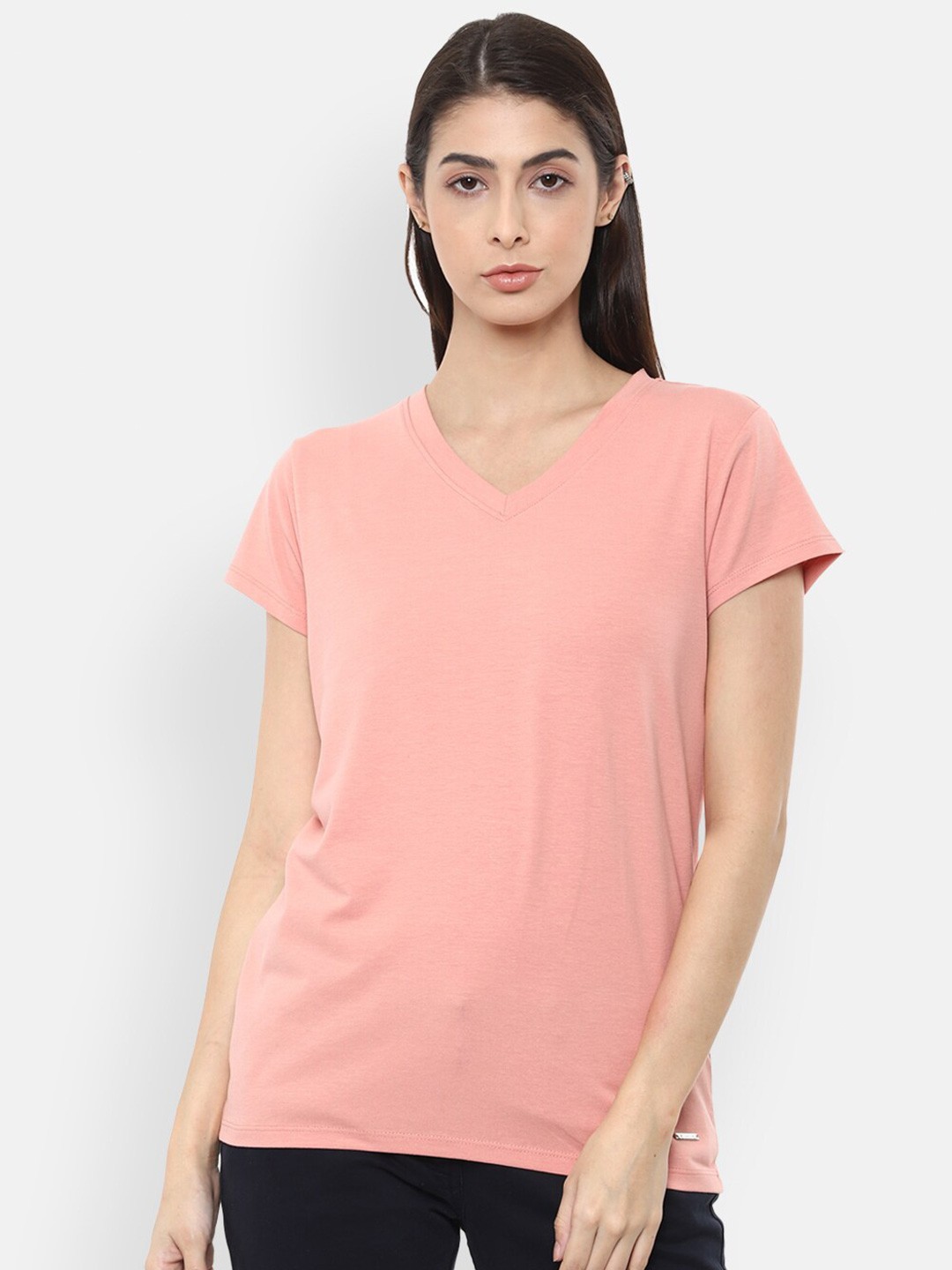 

Van Heusen Woman Women Peach-Coloured Solid V-Neck T-shirt