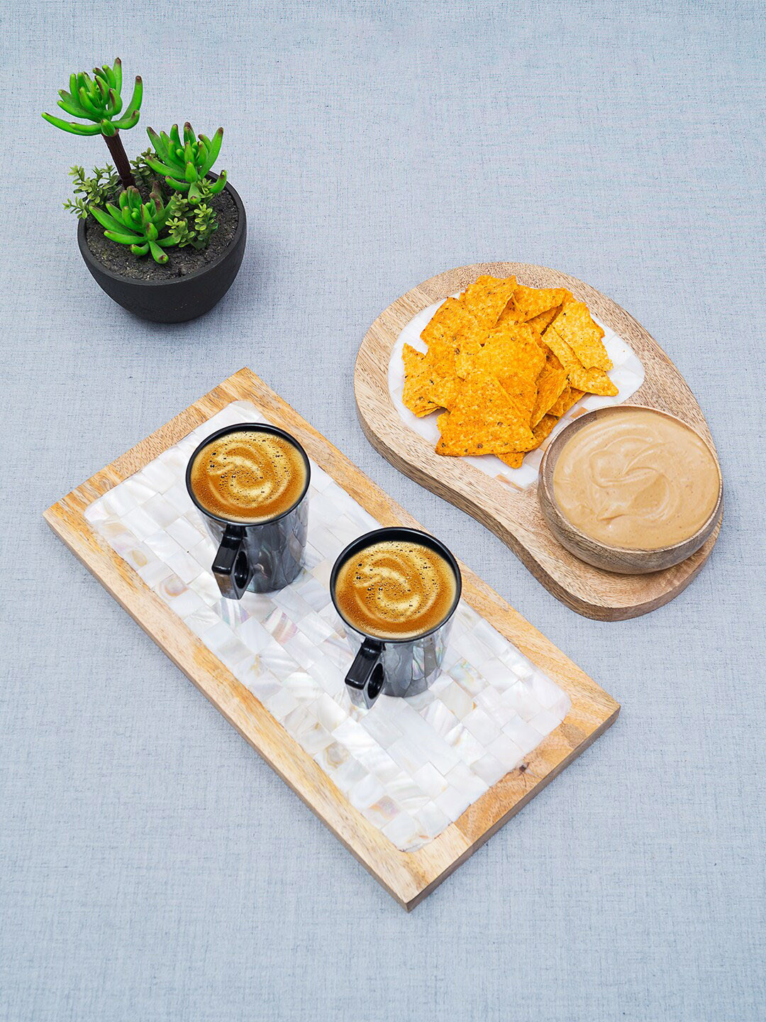 

Golden Peacock Set Of 2 Brown & White Wooden Trays With Bowl