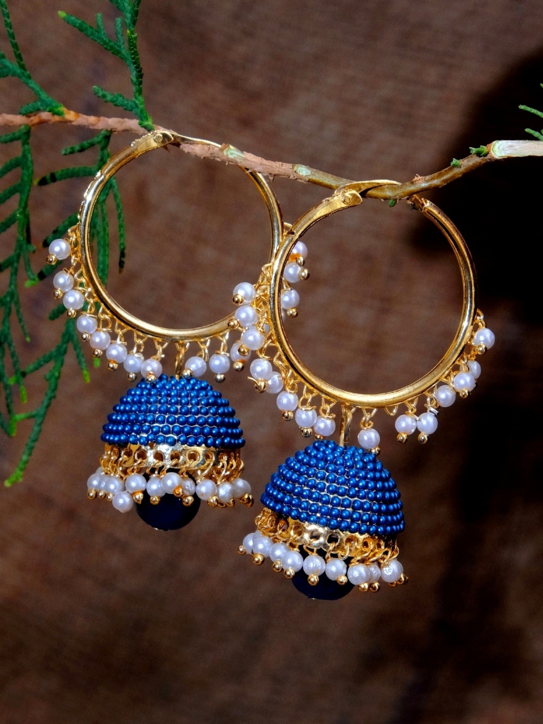 

Crunchy Fashion Gold-Plated & Blue Beaded Dome Shaped Handcrafted Jhumkas