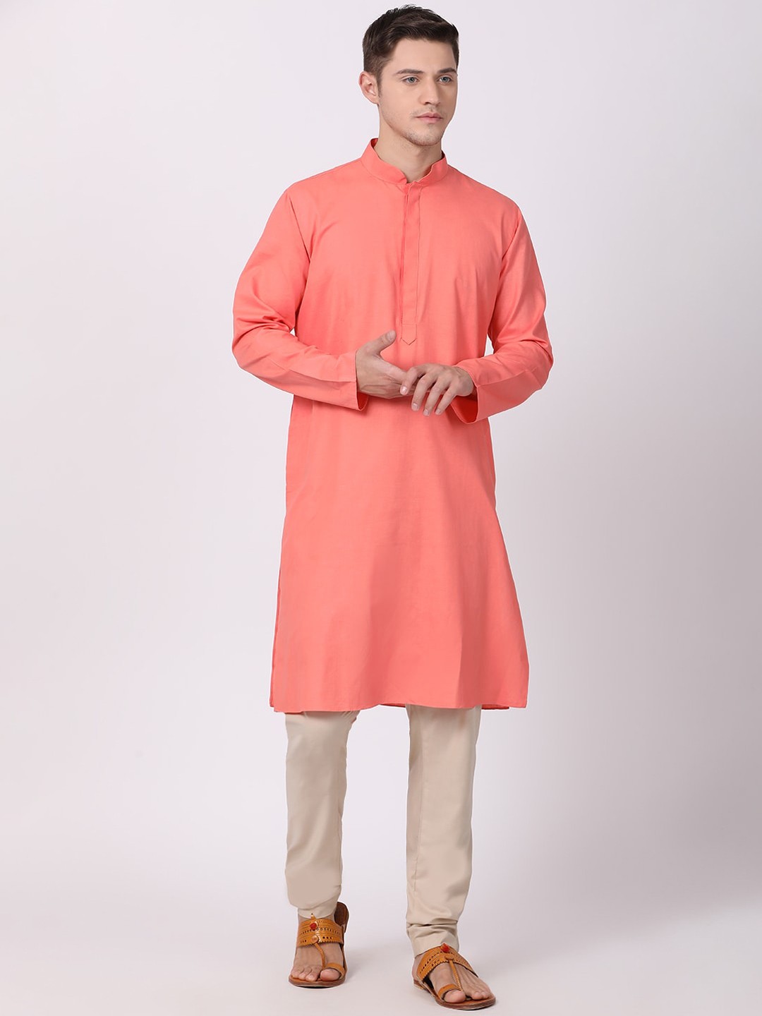 

TABARD Men Pink Solid Mandarin Collar Cotton Kurta