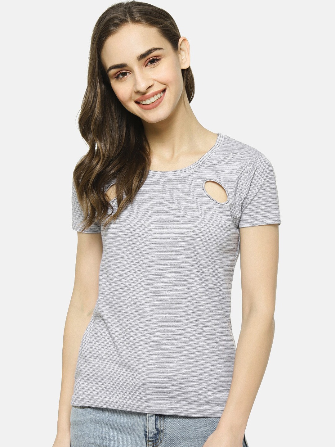 Campus Sutra Grey Striped Regular Top