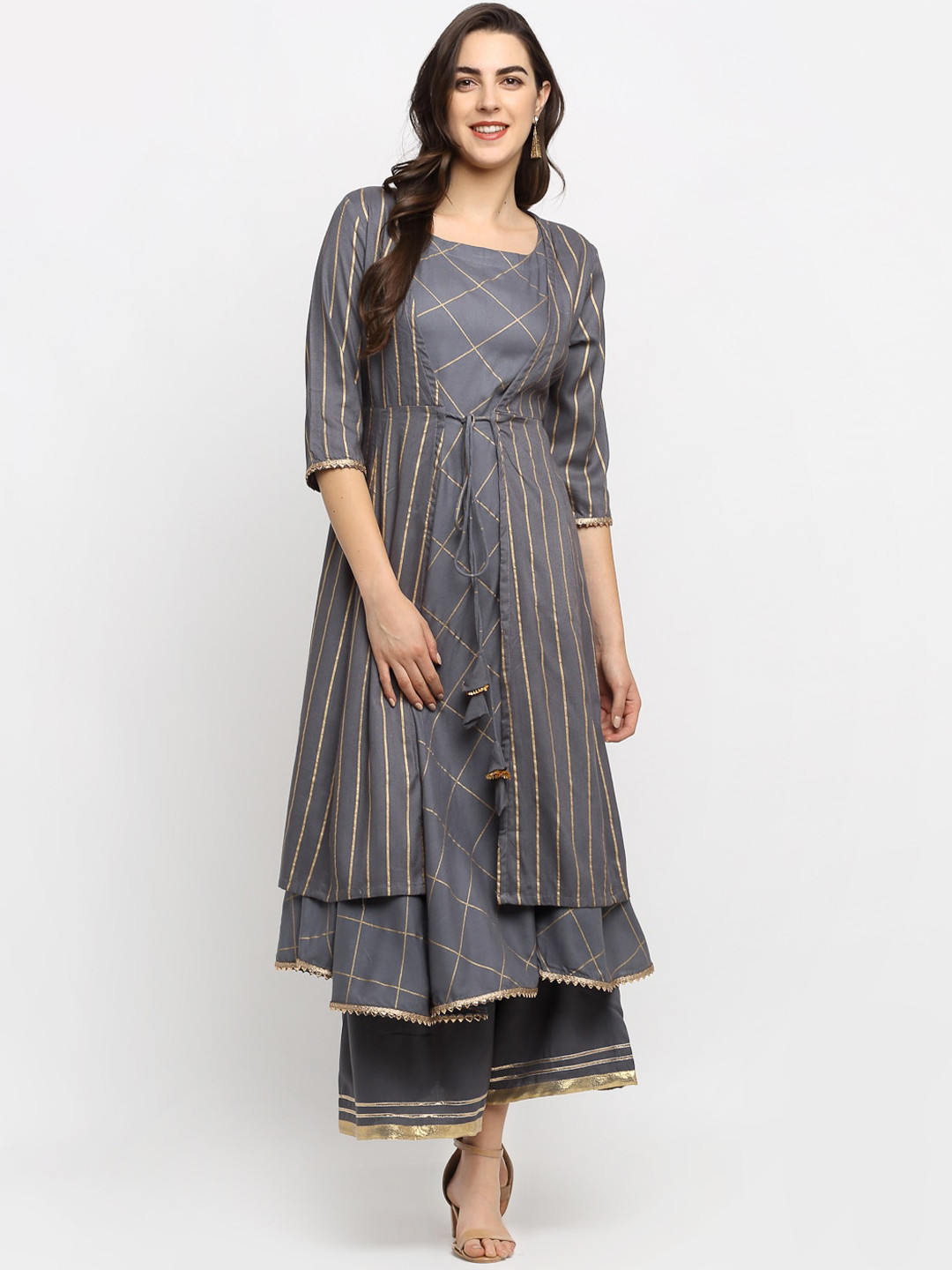 

Rudra Bazaar Women Grey Printed Pleated Anarkali Kurti with Palazzos & With Dupatta