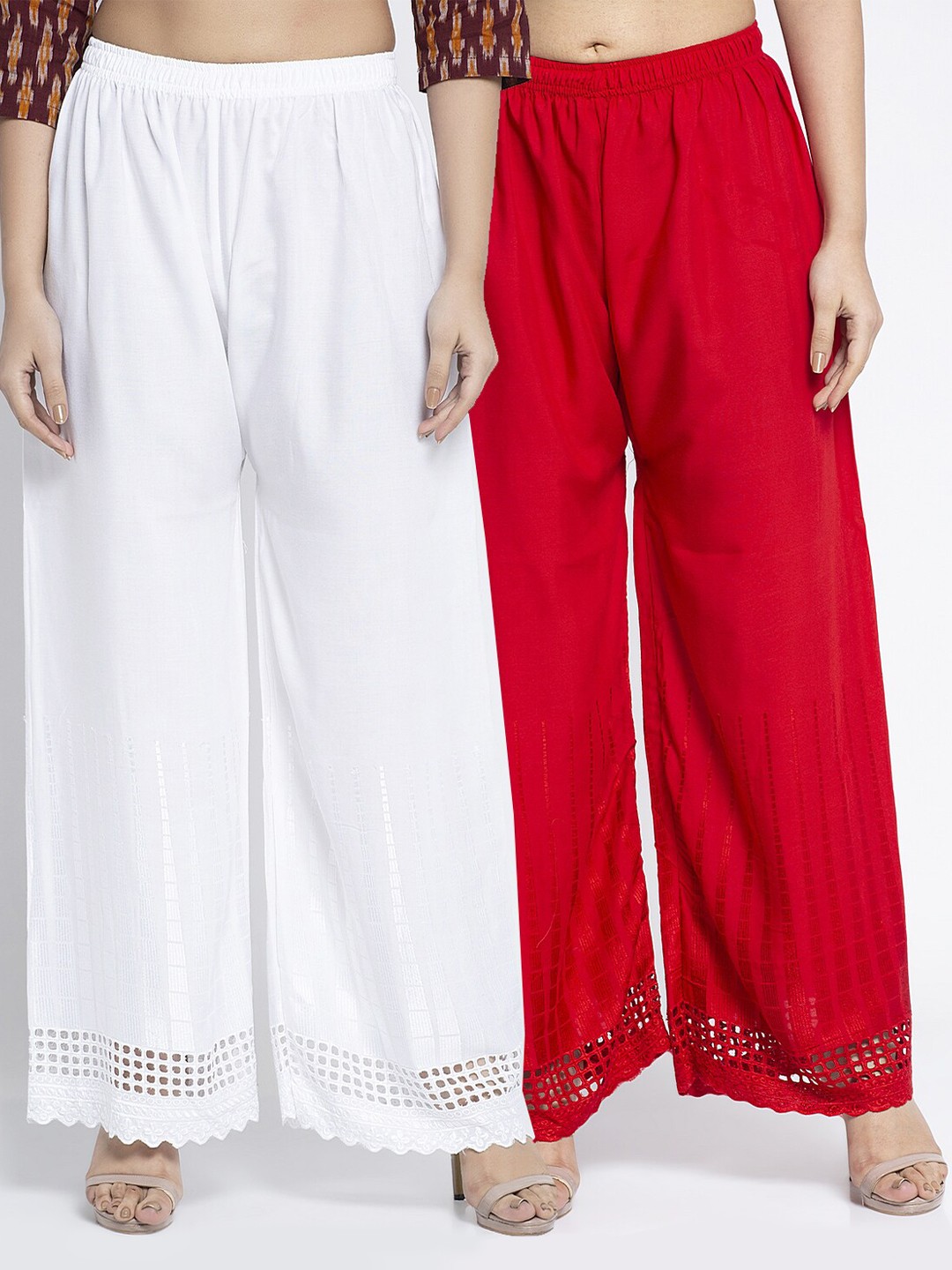 

GRACIT Women Pack Of 2 Hem Design Knitted Palazzos, White