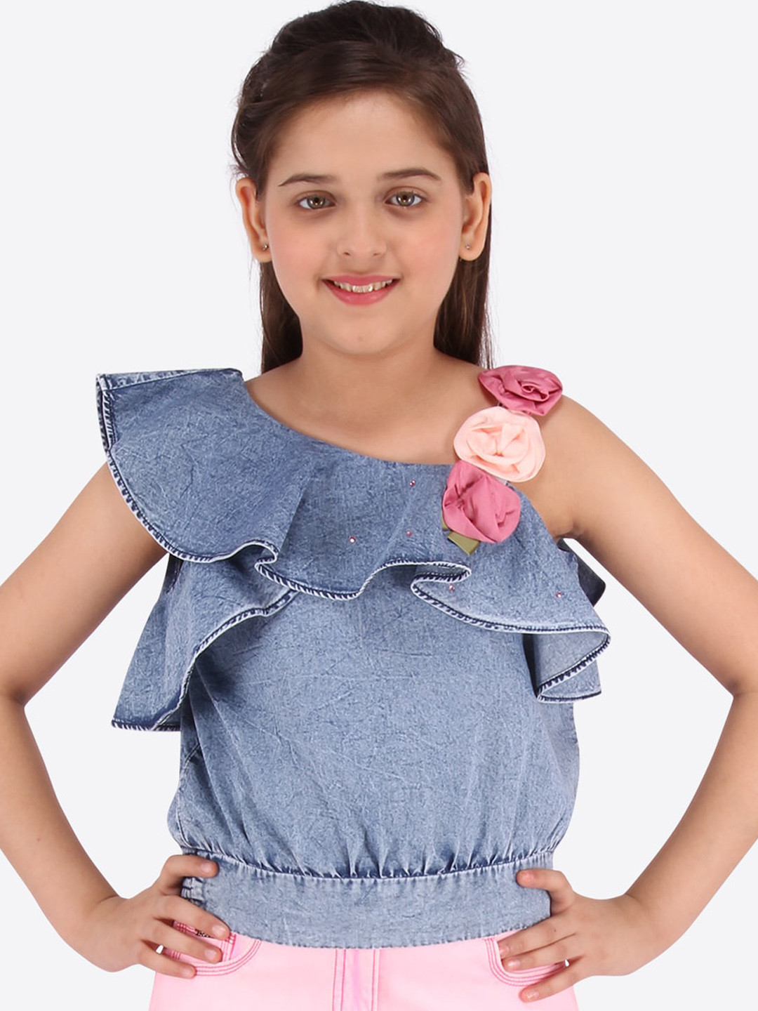 

CUTECUMBER Blue Ruffles Denim Blouson Top