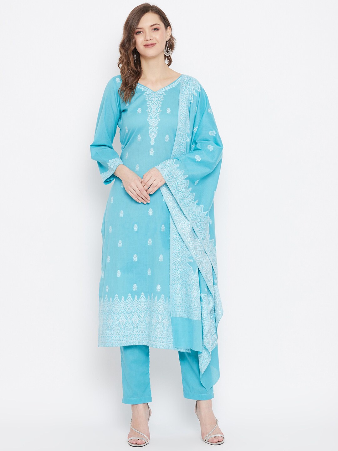 

Safaa Blue & White Pure Cotton Chikankari Jacquard Woven Design Unstitched Dress Material For Summer