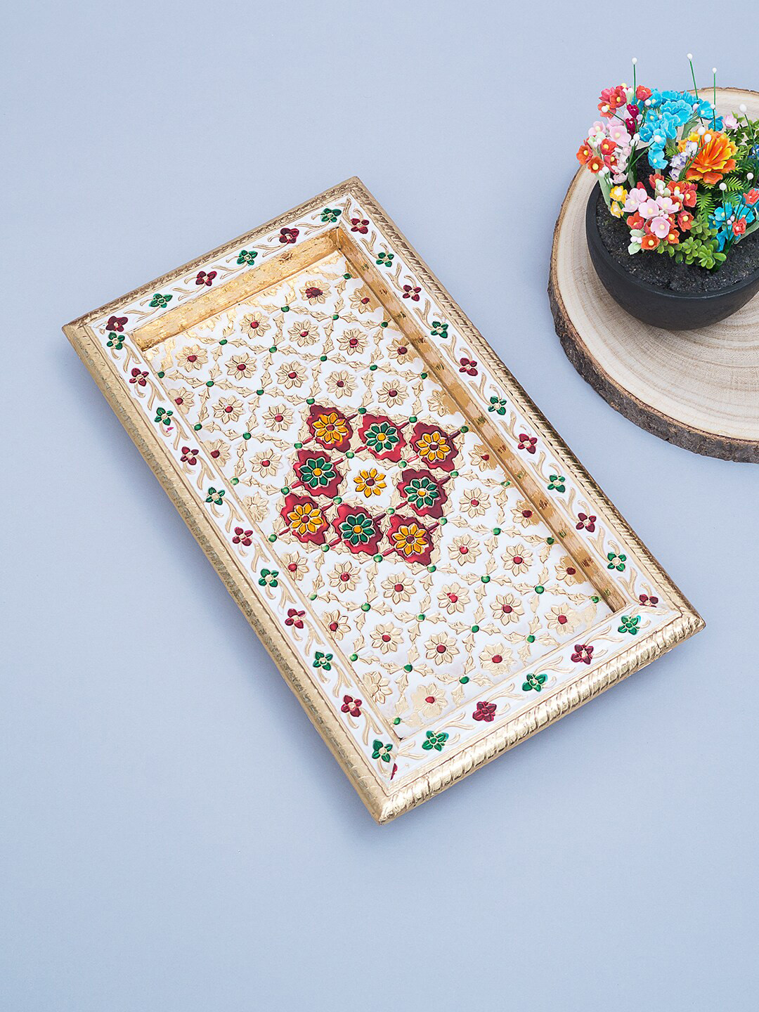 

Golden Peacock Gold-Toned & White Meenakari Handcrafted Wooden Tray