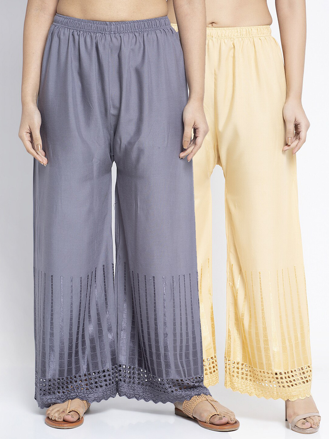 

GRACIT Women Pack Of 2 Grey & Beige Hem Design Knitted Ethnic Palazzos