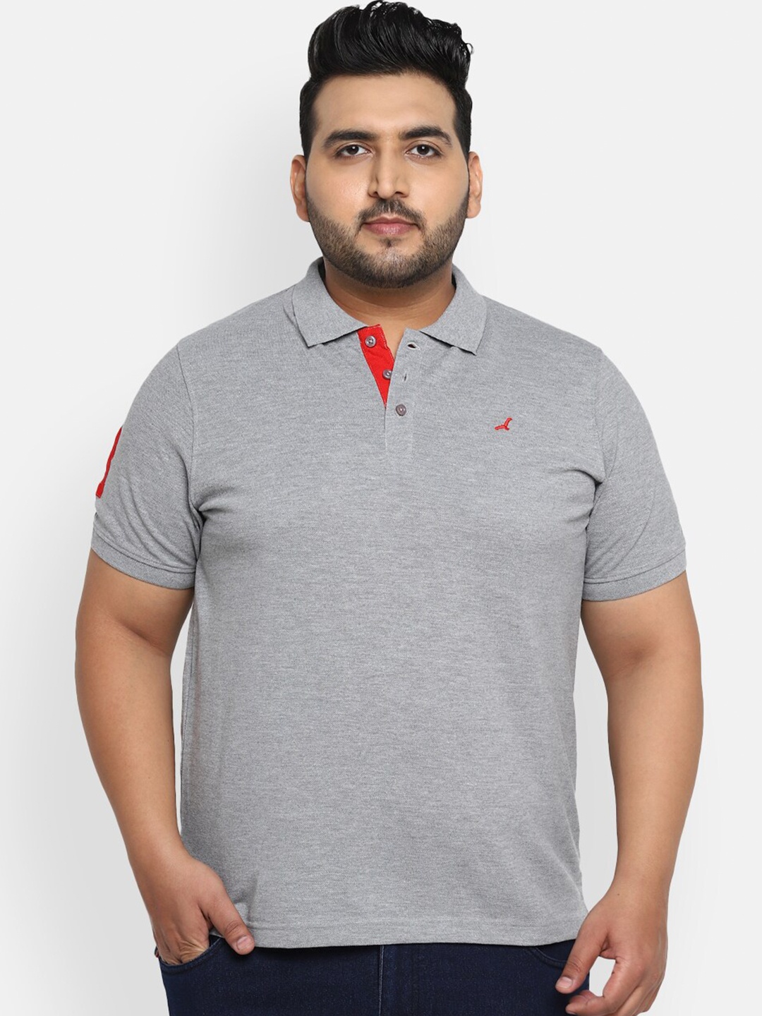 

American Crew Plus Men Grey Melange Polo Collar T-shirt