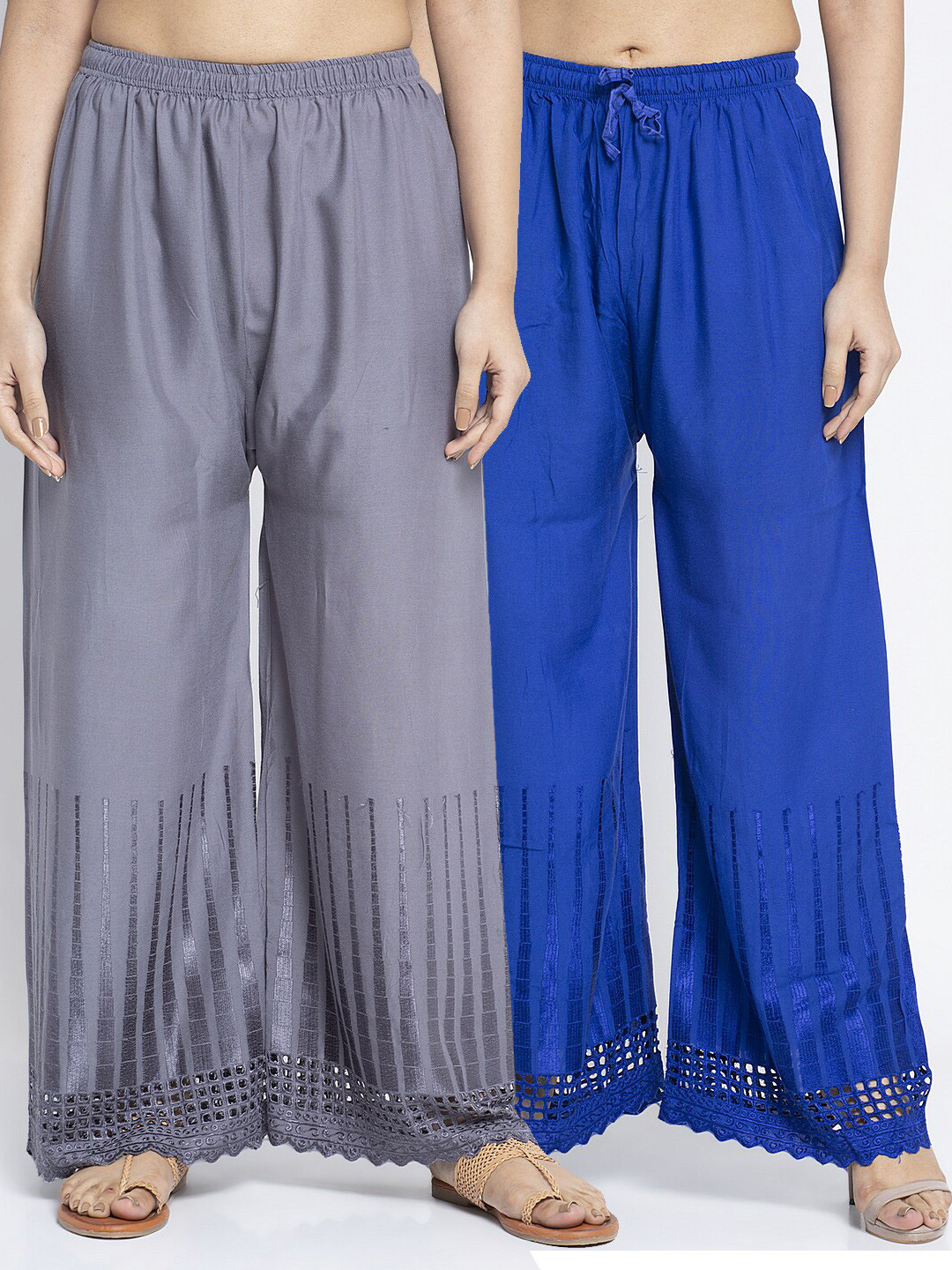 

GRACIT Women Pack Of 2 Grey & Blue Hem Design Knitted Ethnic Palazzos