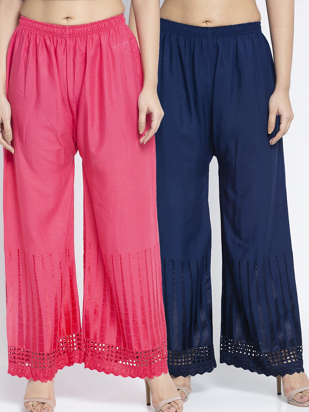 

GRACIT Women Pack Of 2 Pink & Navy Blue Hem Design Wide Leg Palazzos