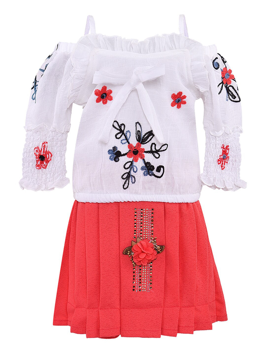 

Wish Karo Girls Pink & White Embroidered Top with Skirt