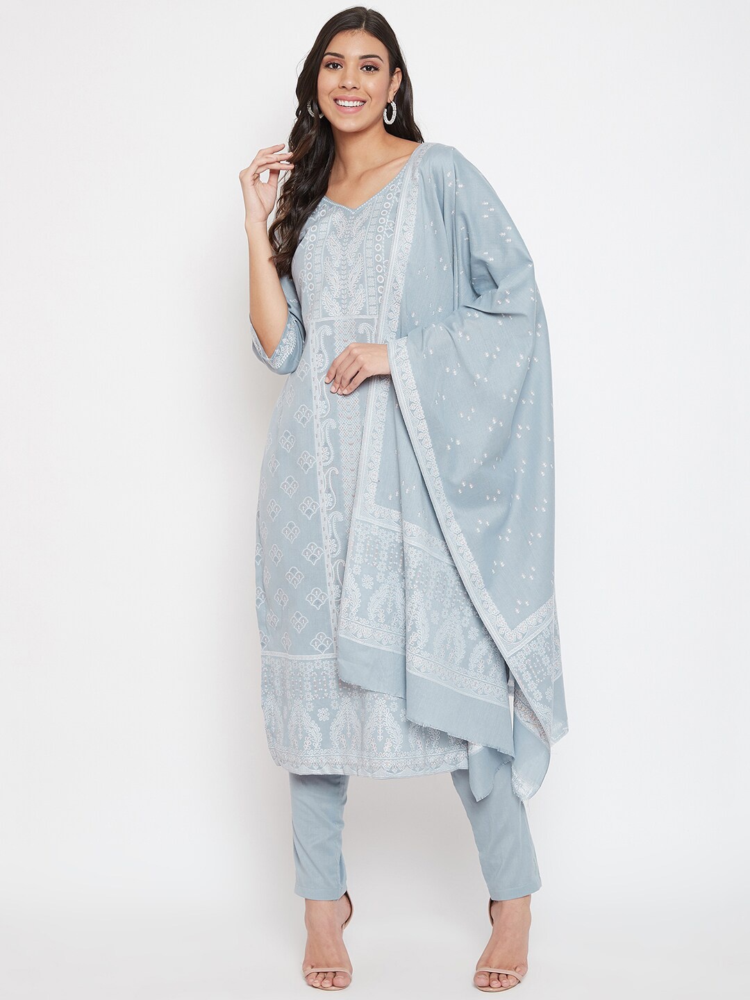 

Safaa Grey & White Pure Cotton Woven Design Unstitched Dress Material For Summer