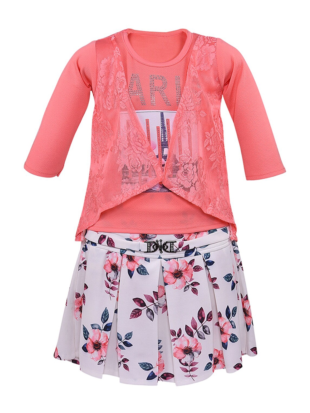 

Wish Karo Girls Peach-Coloured & White Printed Top with Skirt