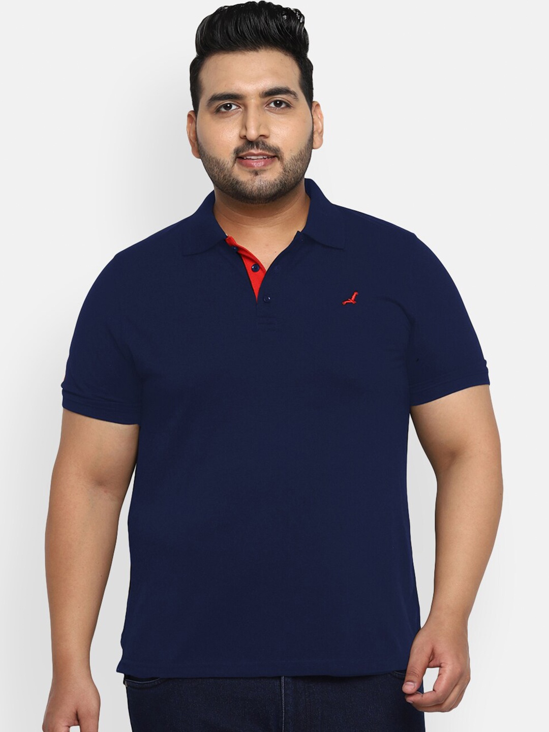 

American Crew Plus Men Navy Blue Solid Polo Collar T-shirt