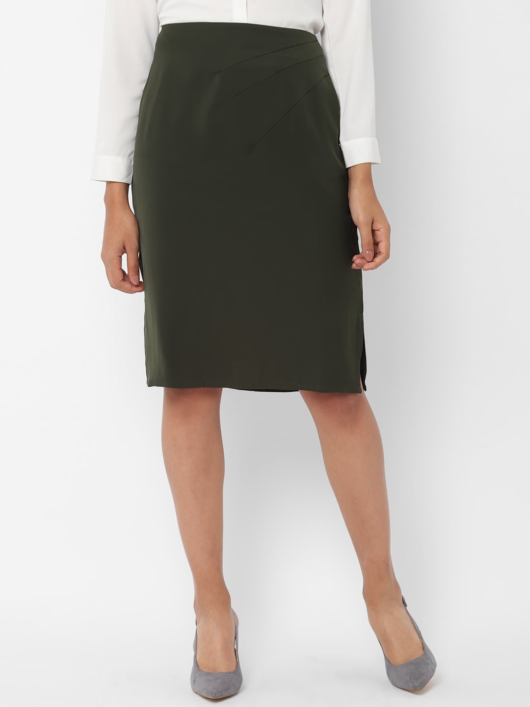 Allen Solly Woman Women Olive Green Solid Straight Knee-Length Skirt