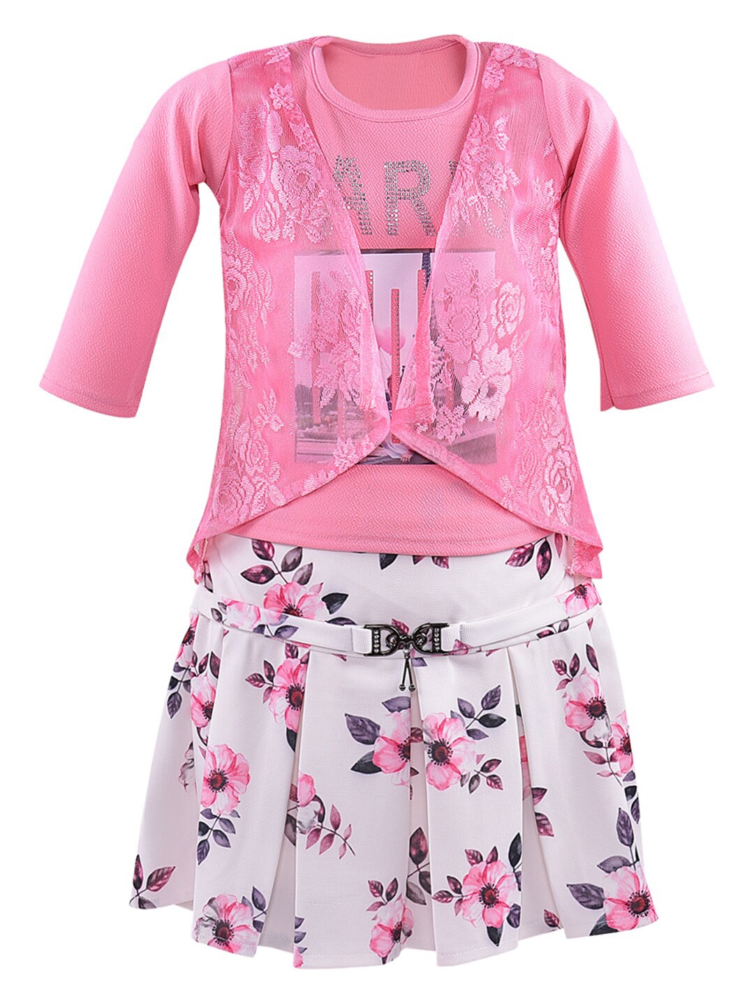 

Wish Karo Girls Pink & White Printed Top with Skirt