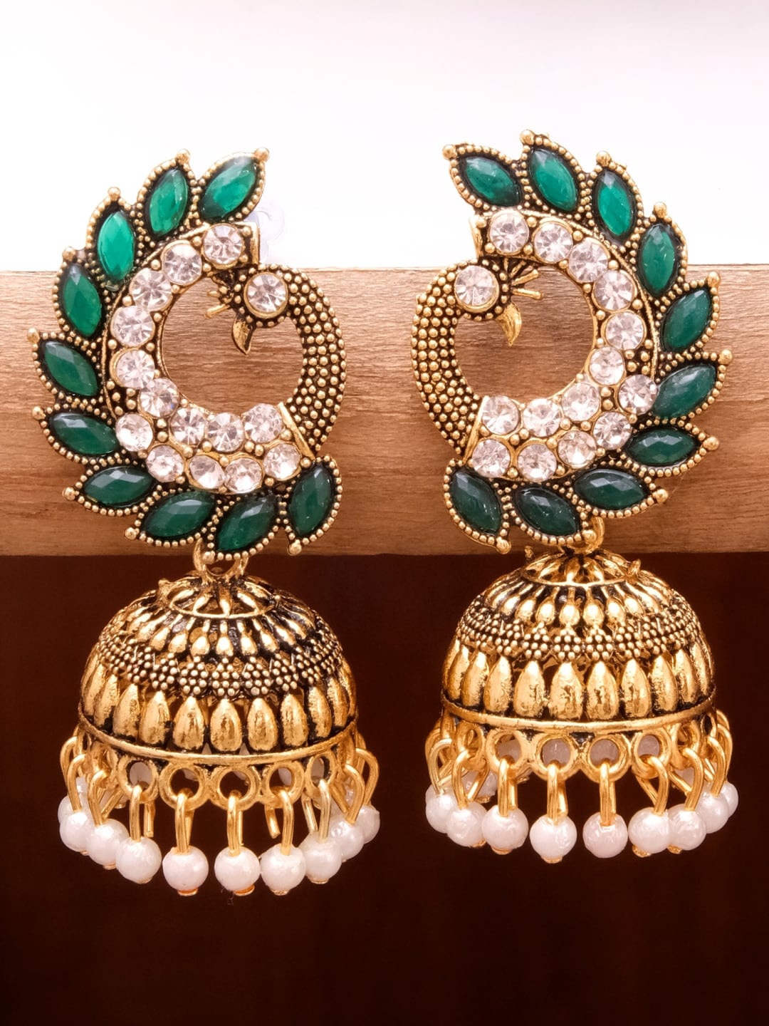 

Crunchy Fashion Gold-Toned & Green Contemporary Jhumkas