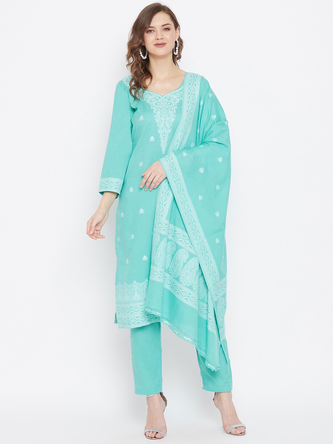 Safaa Sea Green & White Pure Cotton Woven Design Unstitched Dress Material For Summer