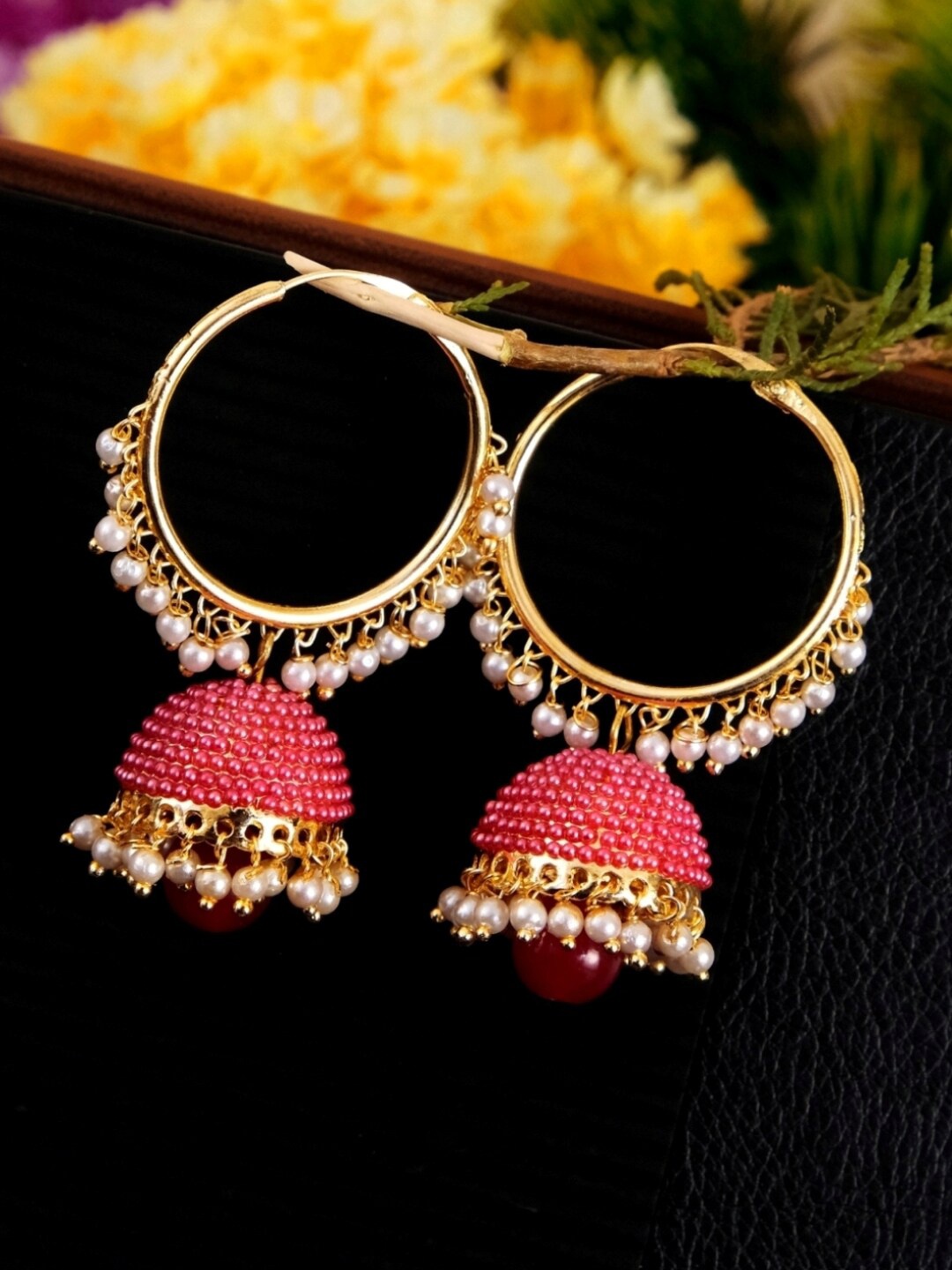 

Crunchy Fashion Gold-Toned & Pink Hoop Jhumkas