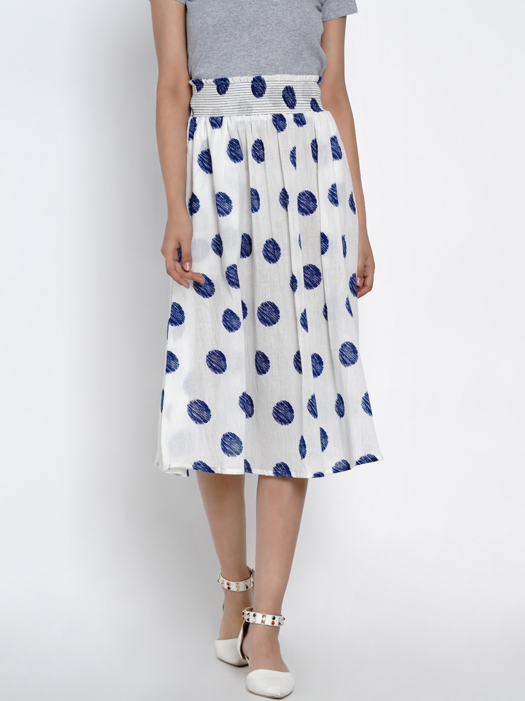 

Costura White & Blue Polka Dot Printed Pure Cotton Flared Knee-Length Skirt
