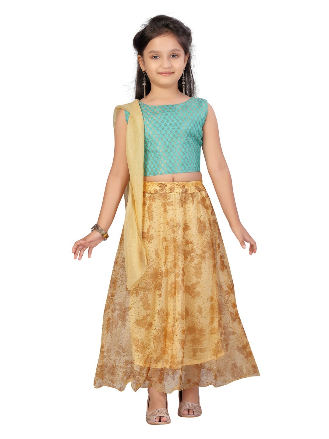 

Aarika Girls Sea Green & Gold-Toned Woven Design Ready to Wear Lehenga & Blouse with Dupatta