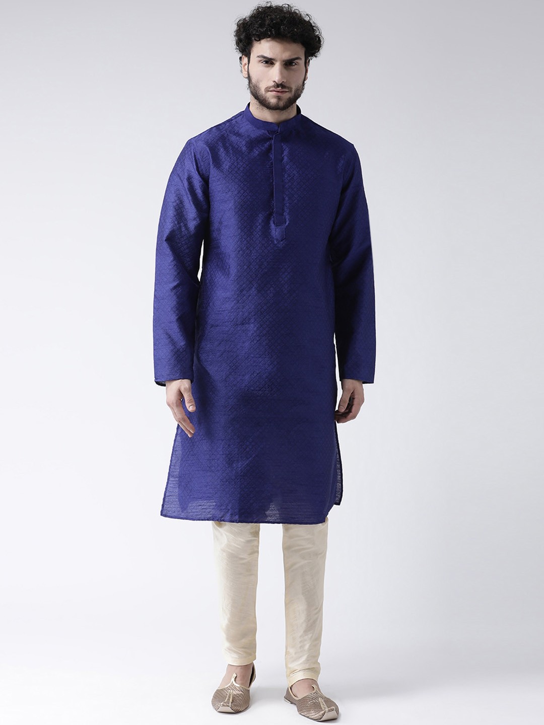 

TABARD Men Blue Geometric Woven Design Band Collar Straight Jacquard Kurta