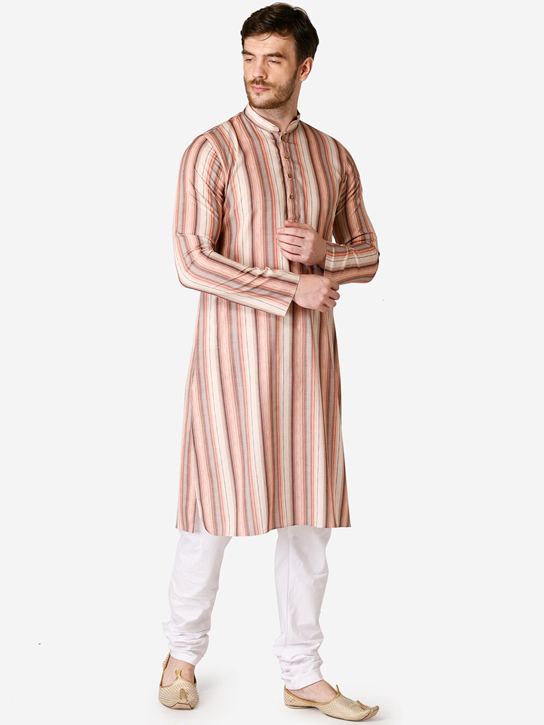 

TABARD Men Brown Striped Mandarin Collar Cotton Kurta