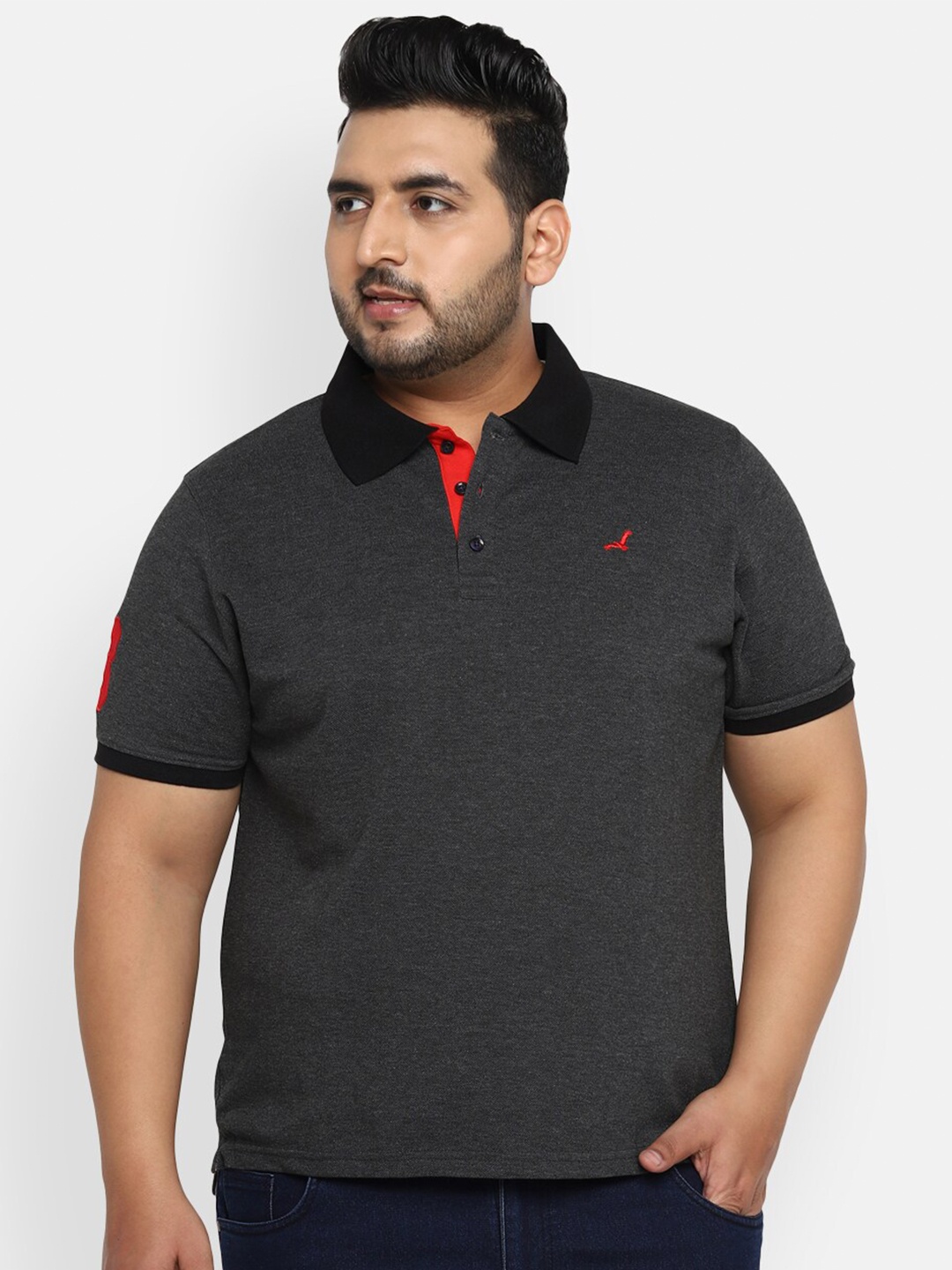 

American Crew Plus Men Charcoal Grey Polo Collar T-shirt