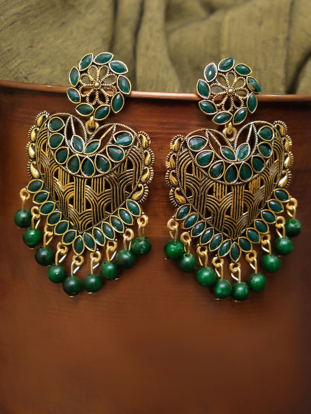 Crunchy Fashion Gold-Plated & Green Heart Shaped Kundan Dangler Drop Earrings
