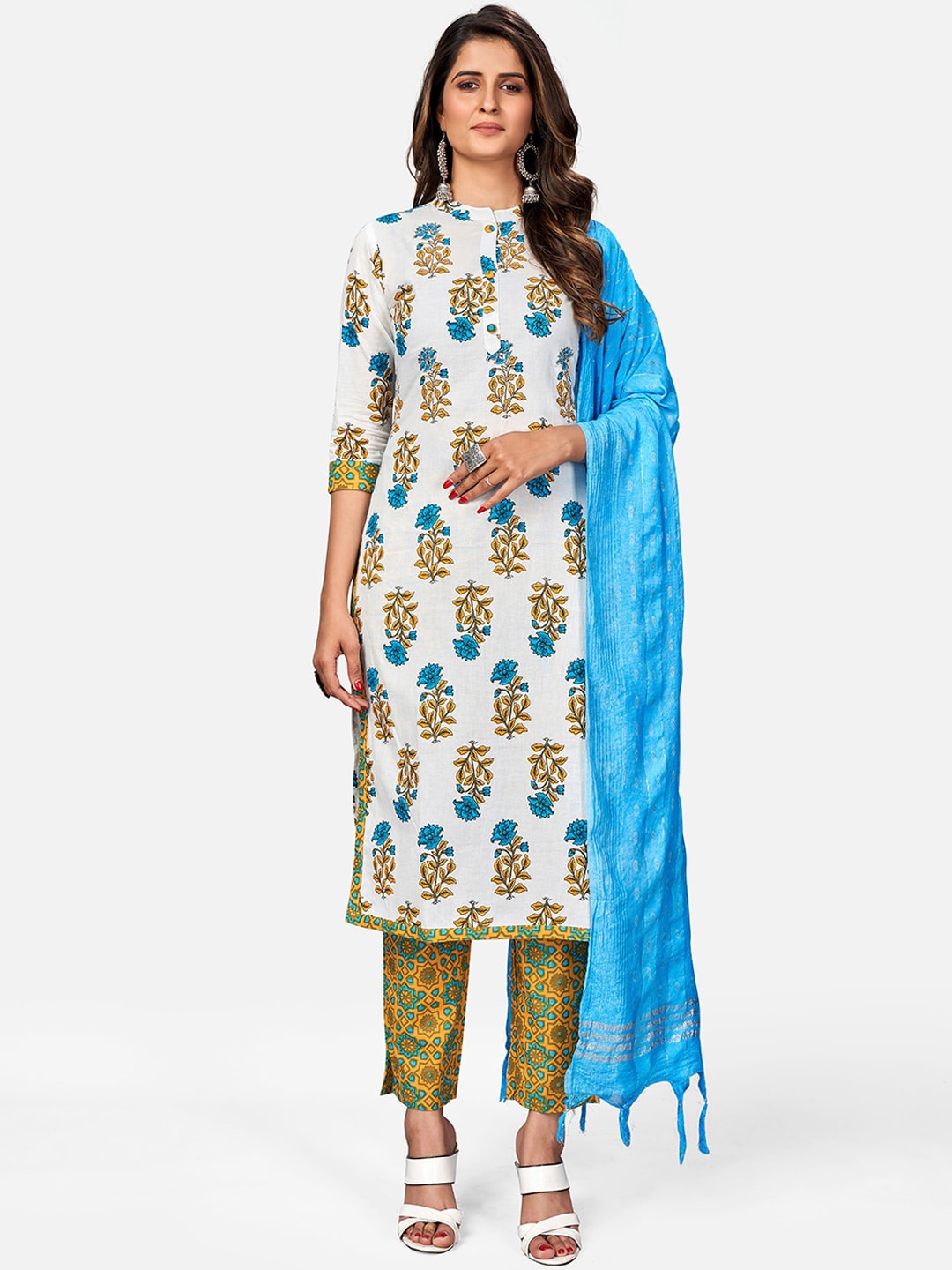 

Vbuyz Women White Floral Printed Regular Straight Kurta with Trousers & With Dupatta
