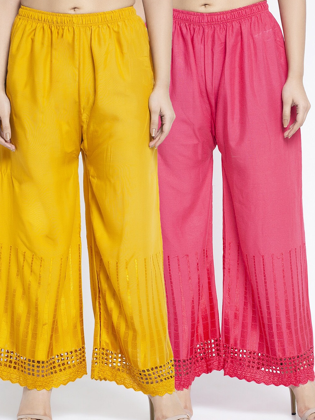 

GRACIT Women Pack of 2 Yellow & Pink Hem Design Knitted Palazzos