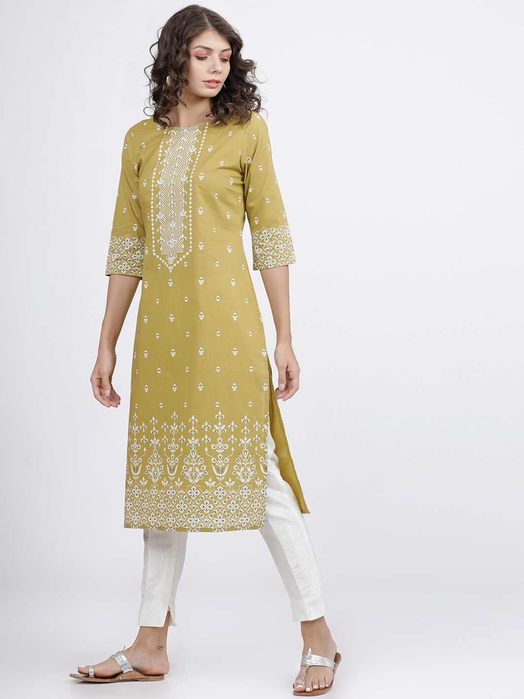 

Vishudh Women Mustard Yellow Ethnic Motifs Printed Cotton Kurta