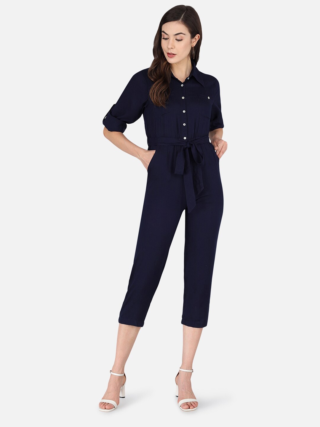 

The Dry State Women Navy Blue Solid Capri Jumpsuit