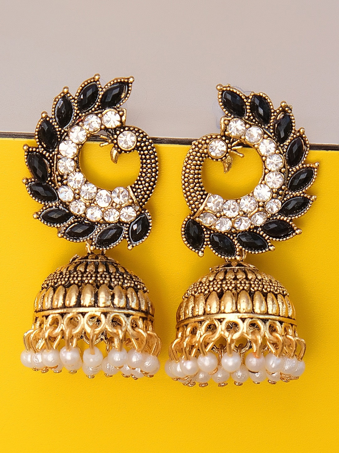 Crunchy Fashion Gold-Toned & Black Contemporary Jhumkas
